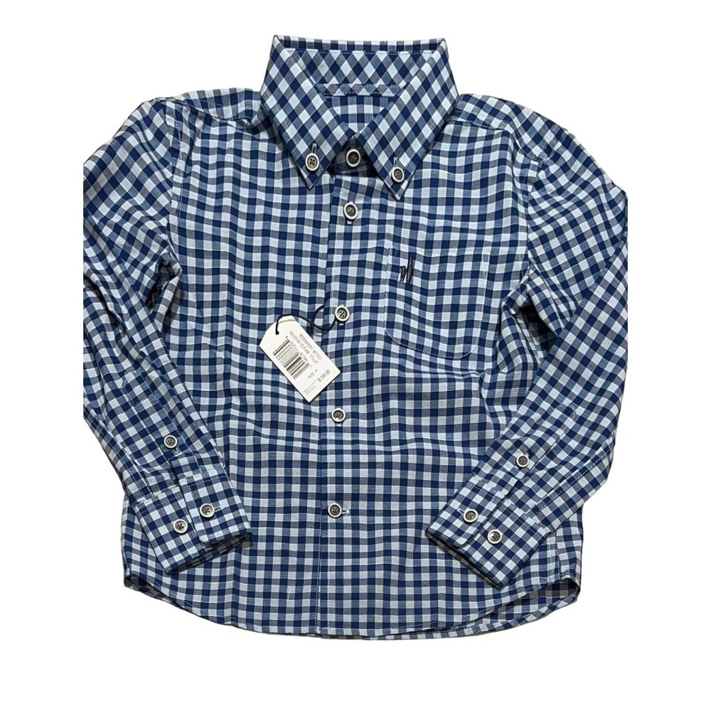 Johnnie-O navy blue check button down shirt boys 4 NWT long sleeves